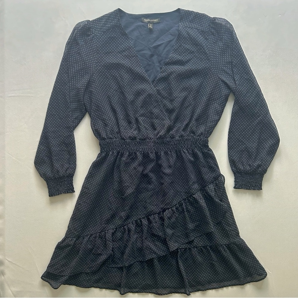 Banana Republic Navy Swiss Dot Dress Ruffle V Neck Smocked Waist Size M